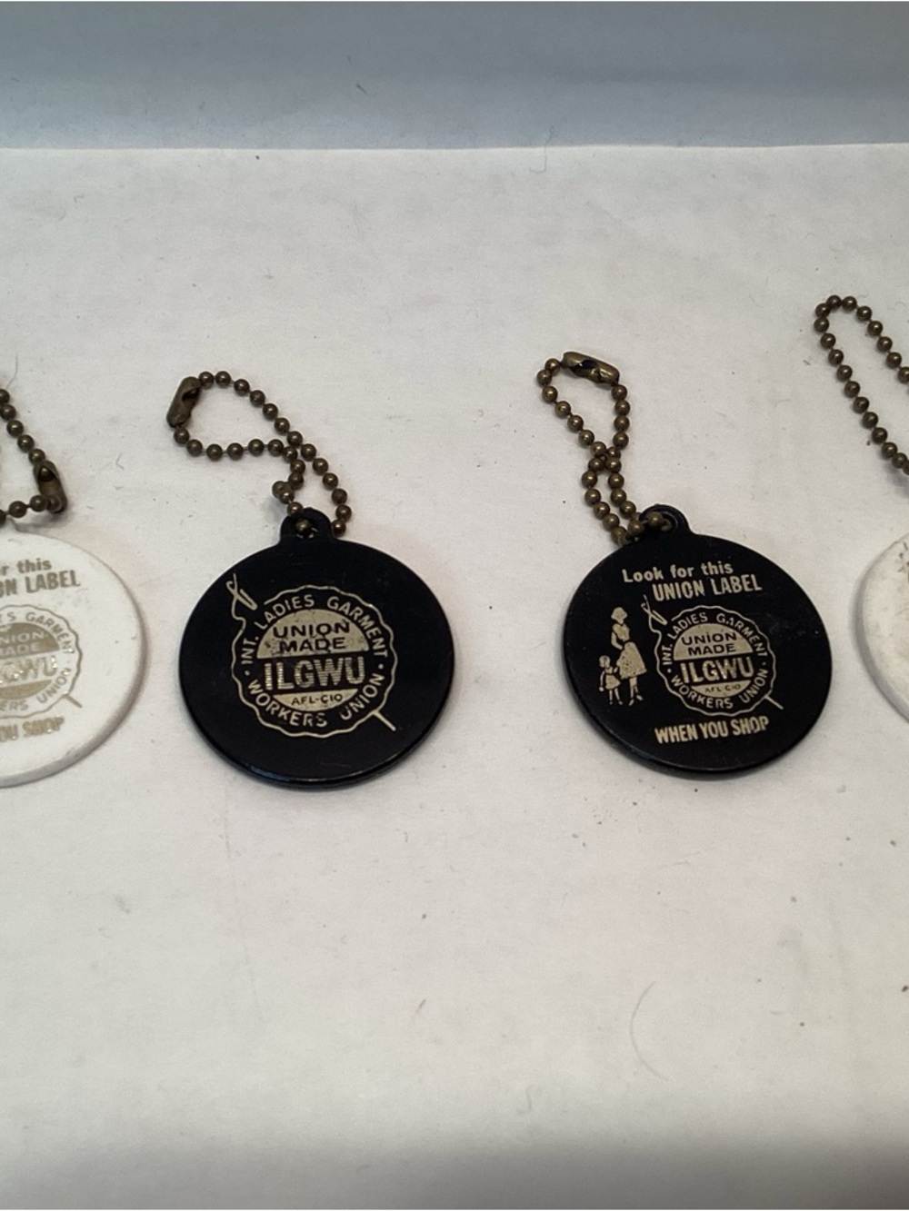 Vtg Lot AFL CIO LADIES GARMENT ILGWU WORKERS UNION Black White keychain fob tag